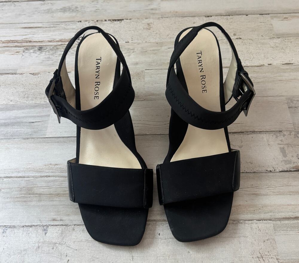 Taryn Rose Journey Black Stretch Leather heel sandal strappy open toe sz 7.5